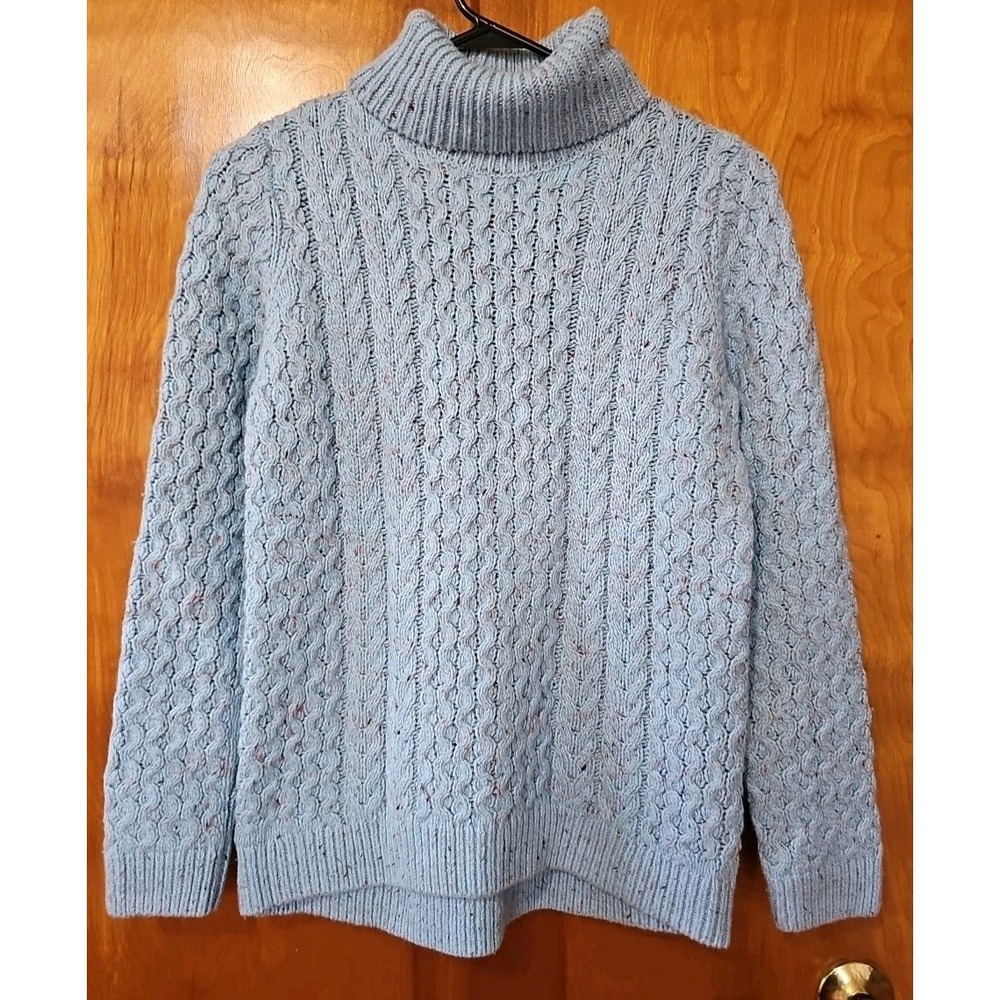 Lands End Blue Speckled Chunky Cable Knit Sweater Size XS Turtleneck Wool Blend